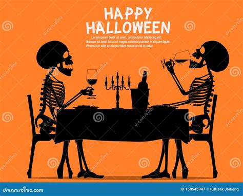 Two Skeletons Are Eating Dinner In Halloween Night Stock Vector