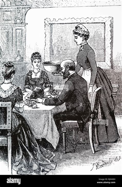 An Engraving Depicting Parlour Maids Serving At Table Dated 20th