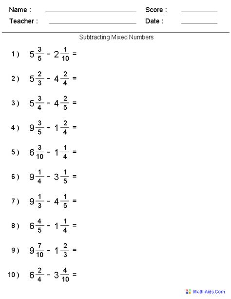 Subtracting Mixed Numbers With Unlike Denominators Grade 6 Fraction Worksheet