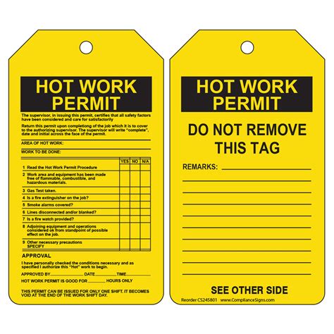 Yellow Hot Work Permit Do Not Remove Remarks Safety Tags