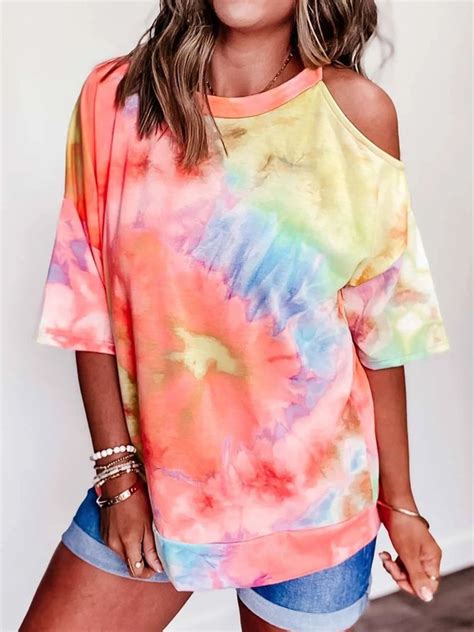 Printed Off Shoulder Ombretie Dye T Shirt Womens Clothing Cotton