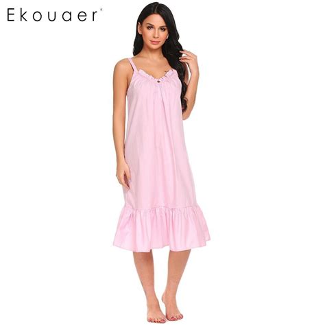 Ekouaer Vintage Nightgown Cotton Night Dress Women Solid V Neck Spaghetti Strap Ruffles Sleep