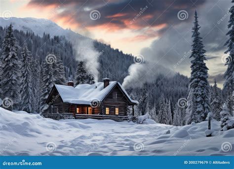 A Log Cabin Nestled In A Snowy Landscape With Smoke Flowing From The