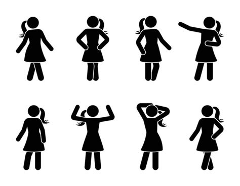 Stick Figure Woman Different Poses Emotions Face Design Vector Icon