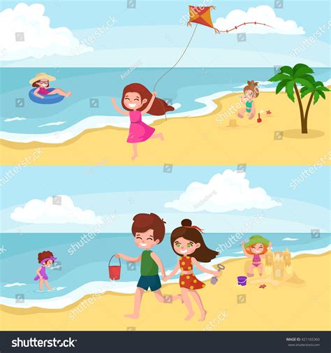 Fun At Summer Beach Happy Cartoon Kids Playing Sand Around Water