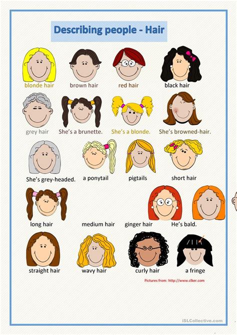 Looking for more practice in describing hair and hairstyles. Describing people-hair worksheet - Free ESL printable ...