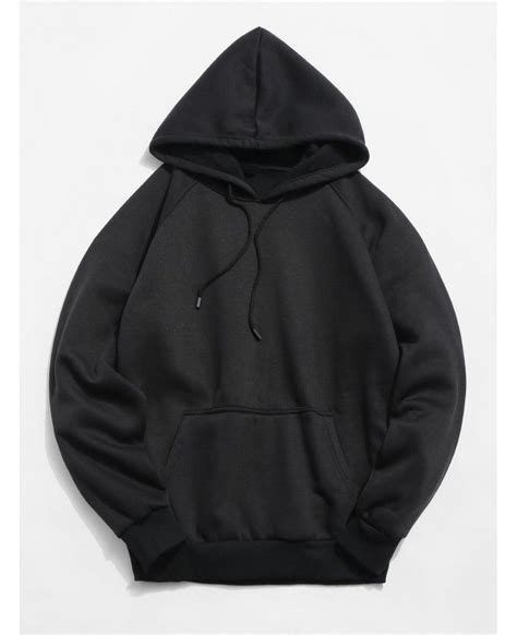 Solid Color Pouch Pocket Fleece Casual Hoodie Black 3487800036 Size