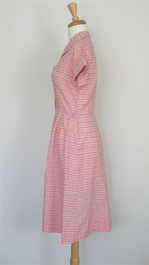 Vintage 50s Dress 1950s Pink Dress Plaid Cotton Shirtwaist
