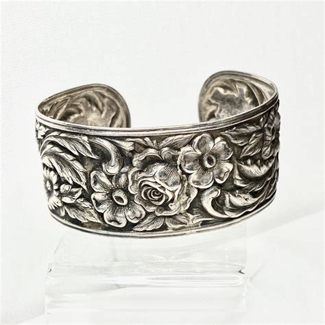 S Kirk And Son Sterling Silver Cuff Floral Repoussé Bracelet Antique