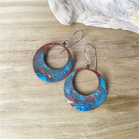 Green Rustic Copper Patina Hoop Verdigris Earrings Basket Of Blue