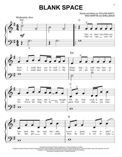 Blank Space Sheet Music By Taylor Swift Piano Big Notes 157304