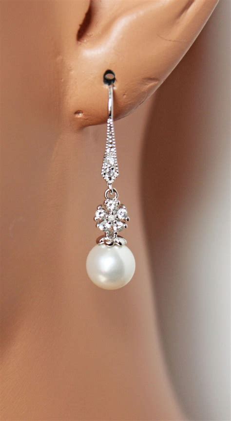 Pearl Drop Wedding Earrings Cubic Zirconia Bridal Earrings Etsy