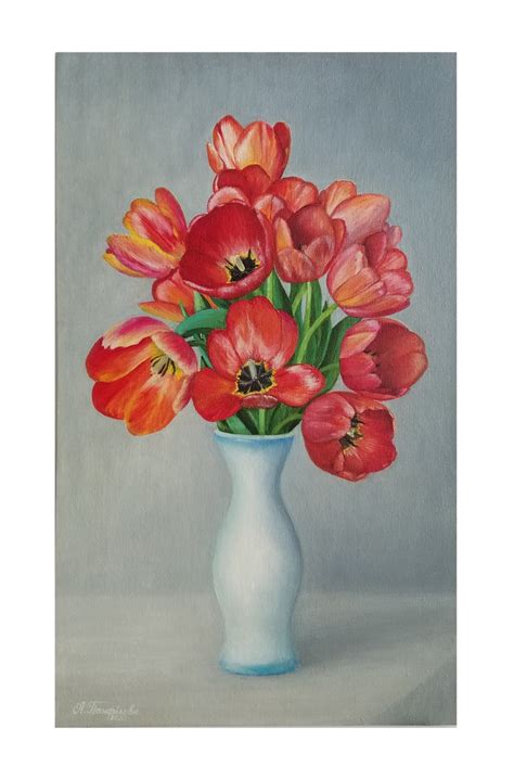 Ölgemälde Stillleben Blumen Rote Tulpen In Einer Vase Ein Etsy