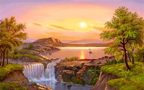 Beautiful Landscape River Trees Waterfall Sun 09754