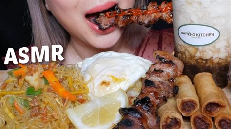 Filipino Food Pancit Bbq Pork Spring Roll And Taho Dessert No Talking Relaxing Eating Sounds