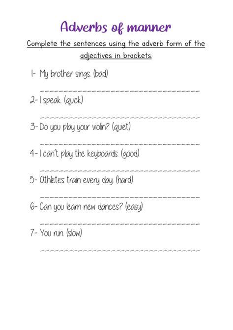 This worksheets explains the use of adverbs of manner. Adverbs of manner worksheet for Elementary