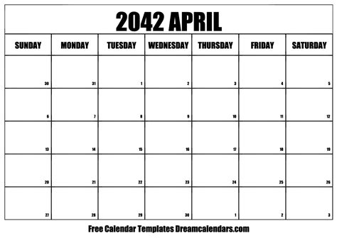 April 2042 Calendar Free Blank Printable With Holidays