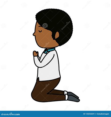 Little Kid Kneeling Beside His Bed And Praying With Folded Hands Vector