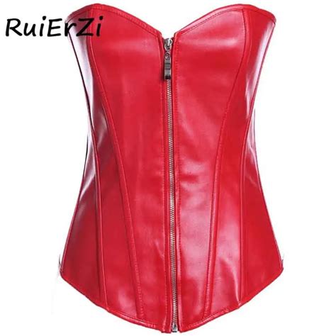 New Sexy Women Strapless Corselet Black Red Solid Color Back Corset Faux Leather Overbust Zipper