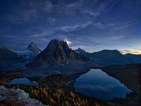 4567423 Canada Starry Night Forest Cliff Lake Snowy Peak