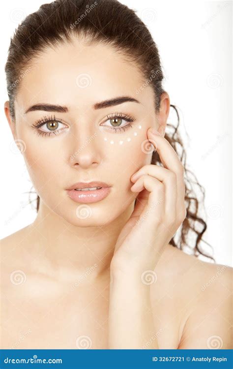Beautiful Brunette Young Woman Using Facial Creme Stock Image Image