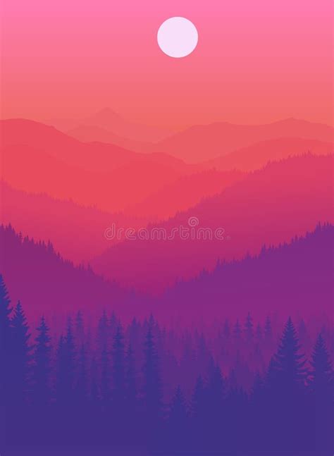 Vector Sunset In Mountains Forest Stock Vector Illustration Of Park