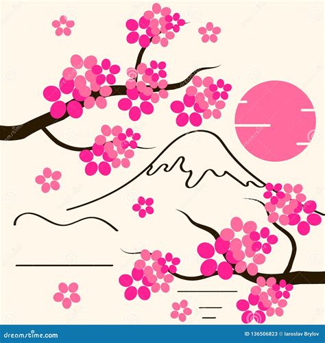 Cherry Blossom Background Sakura Flowers Pink On Branch Flat Vector