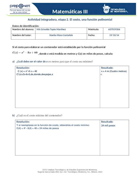 Doc Actividad Integradora Etapa 2 El Costo Una Función Polinomial