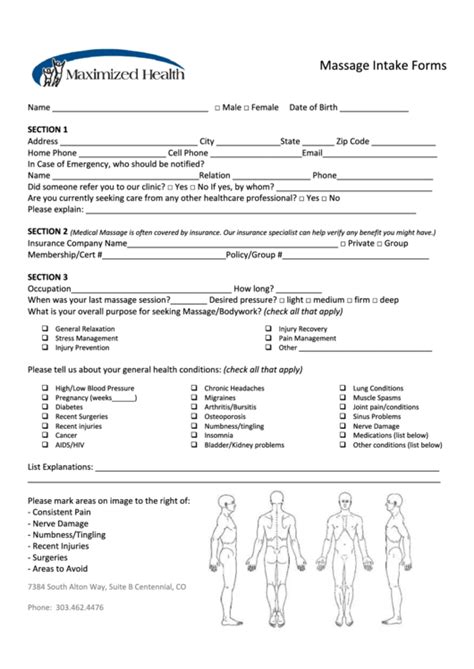 Massage Intake Forms Maximized Health Chiropractic Printable Pdf Download