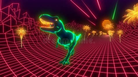 T Rex Dinosaur Walks Through A Neon Jungle 80s Retro Style Wallpaper