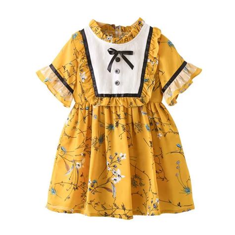 Dfxd Kids Clothes Girls Dress Summer 2018 New Yellow Floral Print Short