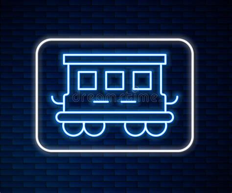 Glowing Neon Line Passenger Train Cars Toy Icon Isolated On Brick Wall