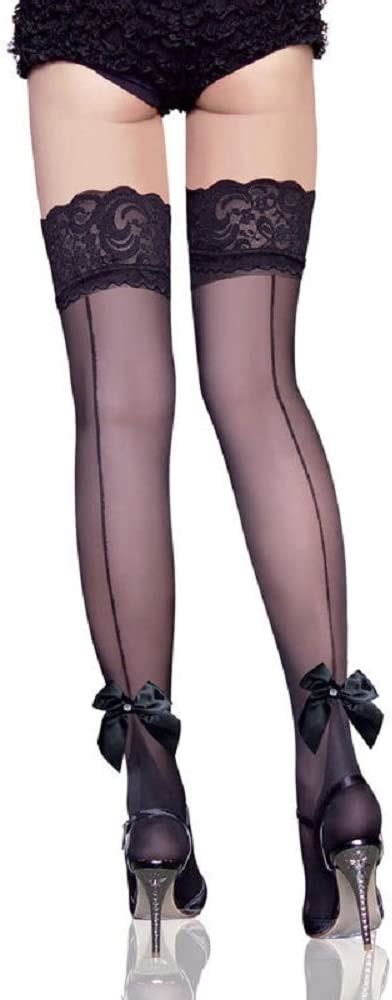 New Women Black Sheer Hold Ups Stockings With Black Satin Bows Hosiery