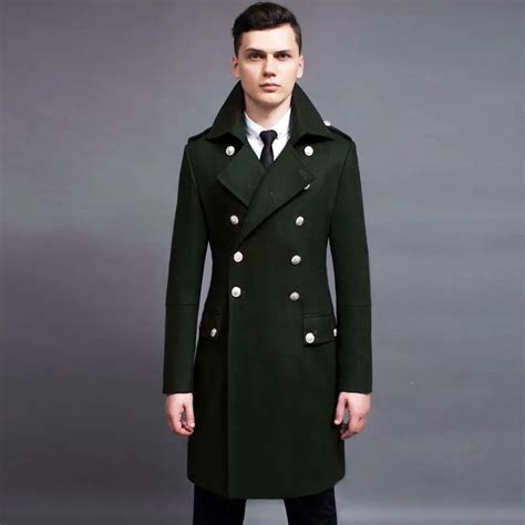Spring New Arrival Fashion Mens Double Breasted Long Wool Blend Coats Male Military Long Jackets