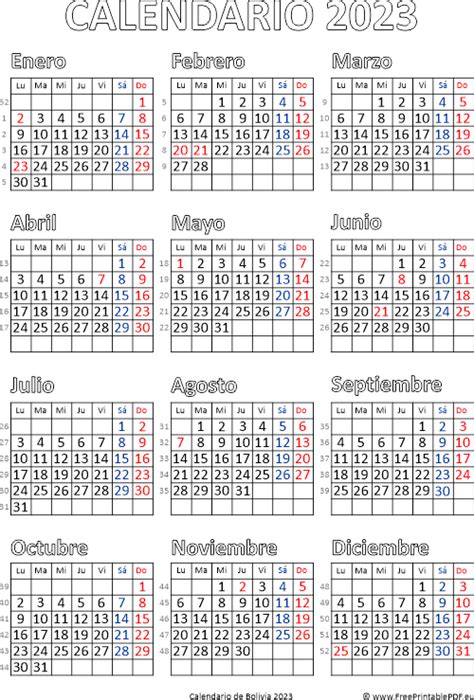 Calendario De Bolivia 2023 Imprimir El Pdf Gratis