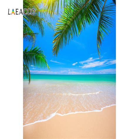 Laeacco Sea Backgrounds Summer Tropical Palms Tree Beach Sand Waves