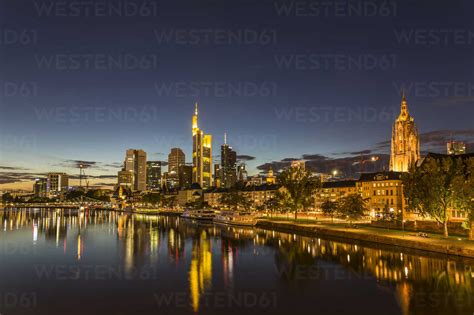 Germany Frankfurt River Main At Night Skyline Of Finanial District