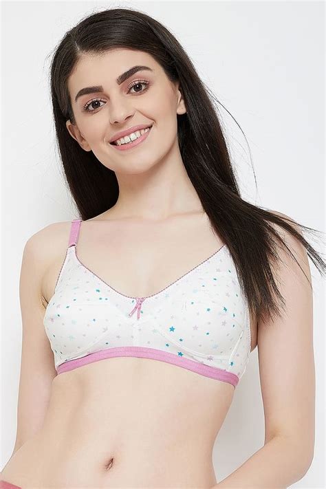 Buy Non Padded Non Wired Star Print Full Figure Bra In White Cotton