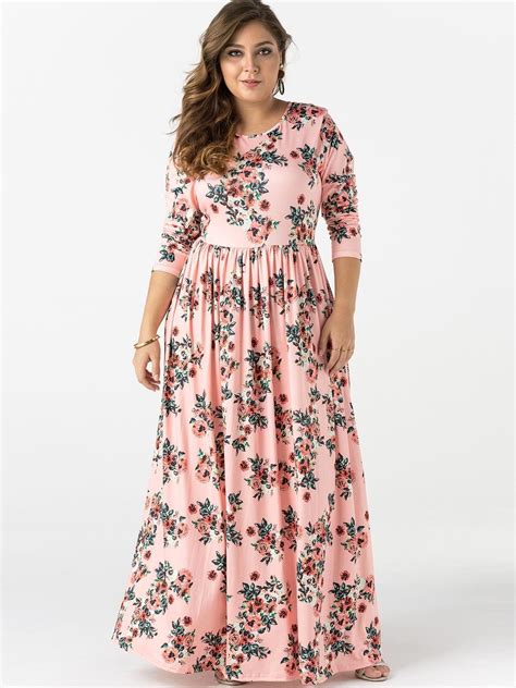 Plus Size Bungundy Floral Pattern Long Sleeves Maxi Dress Maxi Dress