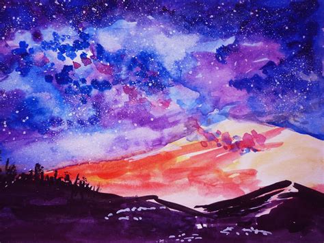 Night Sky Painting Watercolor Original Artwork Mountain Wall Etsy