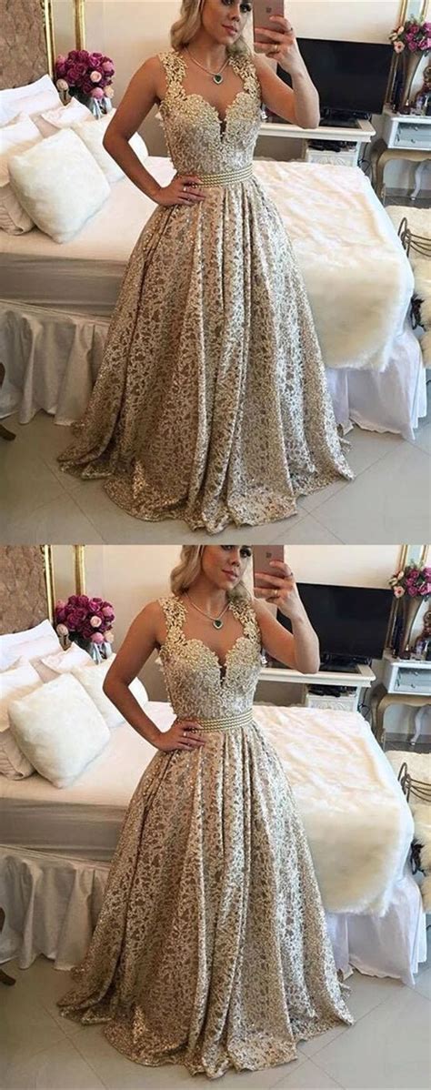 Elegant Champagne Lace Prom Dress With Pearls Fashion A Line Champagne
