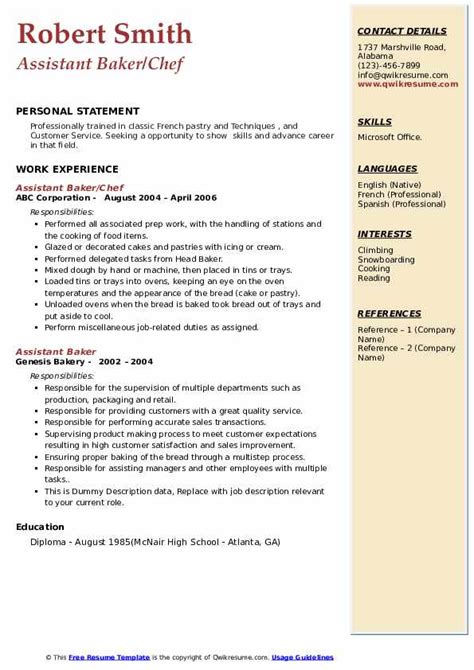 Assistant Baker Resume Samples Qwikresume