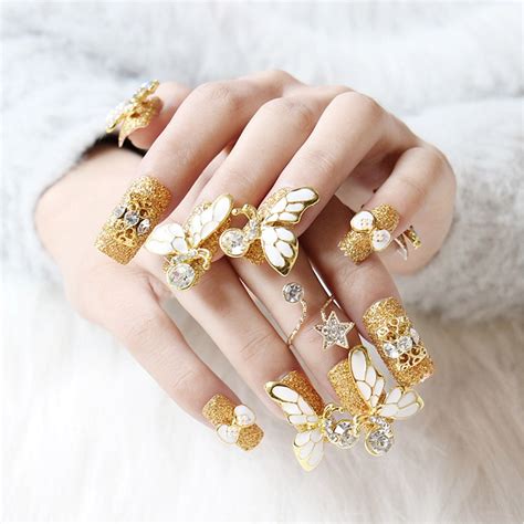 20pcsset Luxury Glitter False Nails Gold Butterflies Decal Long Full