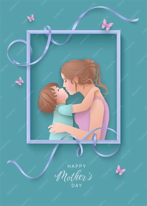 Premium Vector Paper Cut Layered Mothers Day Greeting Card With Mom Kissing Her Son
