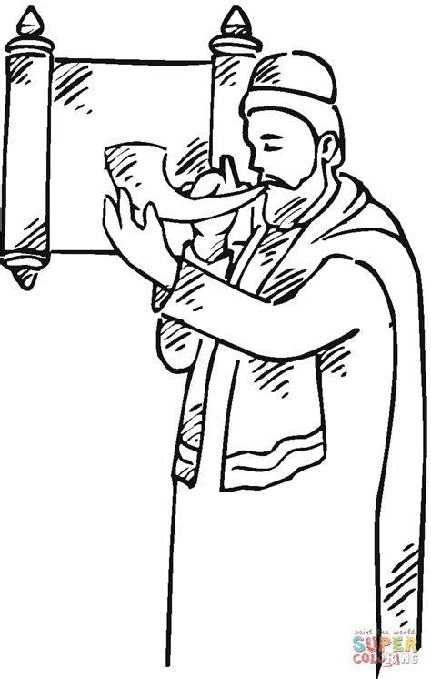 Download Man with a shofar near scroll coloring page | Free Printable Coloring Pages
