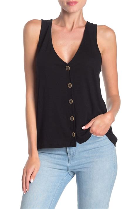 Sanctuary Front Button V Neck Knit Tank Top In Black Lyst