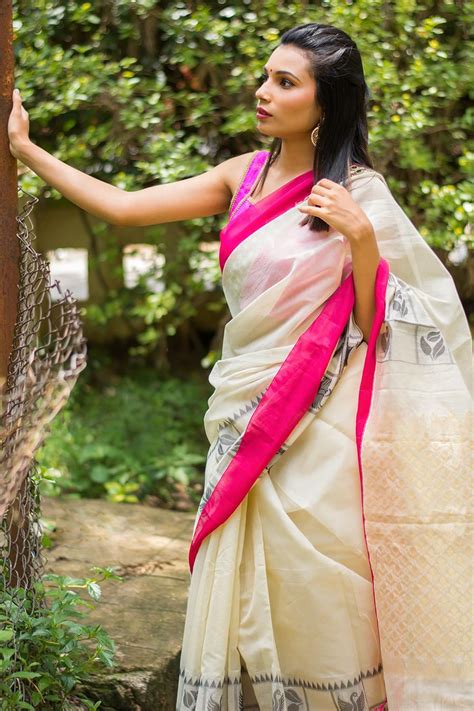 Off White Chanderi Cotton Saree With Black Thread Weave Pink And