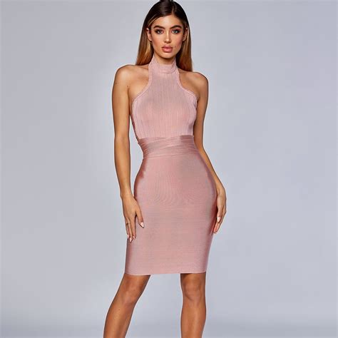 New Arrival High Collar Sleeveless Bandage Bodycon Dress Nude Color