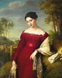 Retrato de una dama elegante, en tres cuartos, con traje rojo y chal ...
