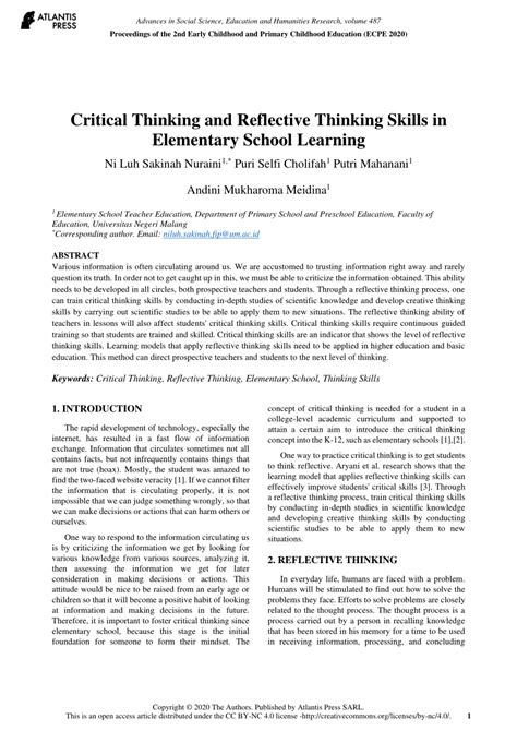 Pdf Critical Thinking And Reflective Thinking Skills In Elementary